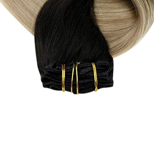 Full Shine Balayage Clip in Hair Extensions Real Human Hair Ombre Black Fading to Brown And Blonde Real Hair Clip in Extensions Double Weft 120 Grams 14 Inch