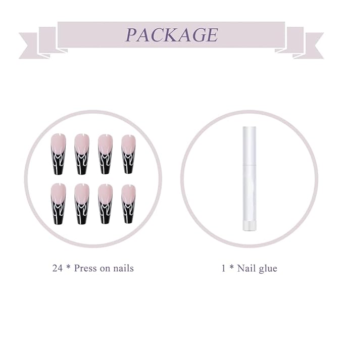 BABALAL Long Press on Nails Coffin Fake Nails Black French Tip Glue on Nails Glossy Acrylic Nails Gothic Falme Design Ballerina False Nails for Women and Girls