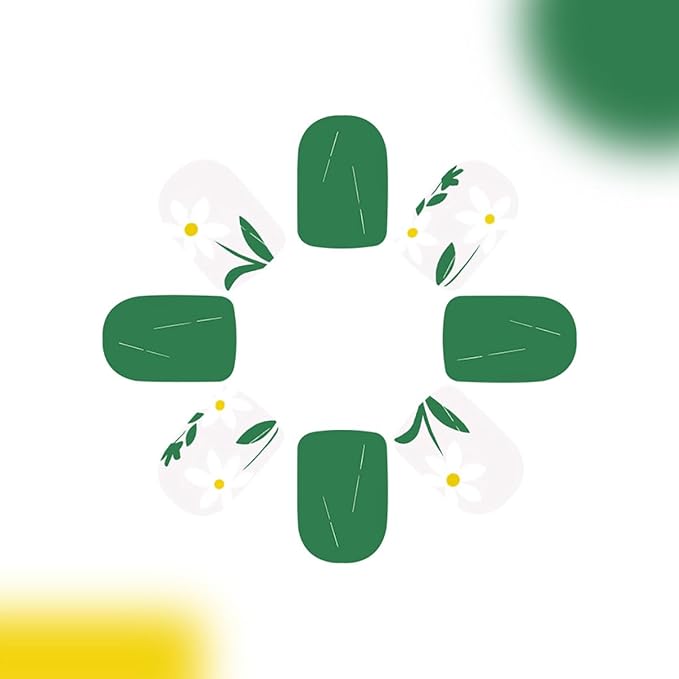 24Pcs Flower Press on Nails Short Square Fake Nails White Daisy Floral Acrylic Nails Green Glossy Full Cover False Nails Spring Summer Design Glue on Artificial Nails for Women Manicure Supplies