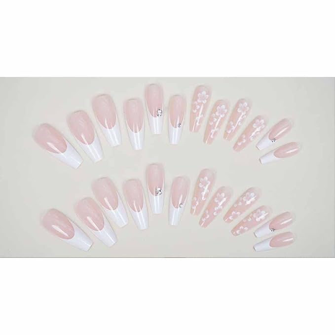 Coffin White Press on Nails Flower Fake Nails Long Acrylic Fake Nails Rhinestone French Nails Beautiful Nails for Women Girls -24Pcs