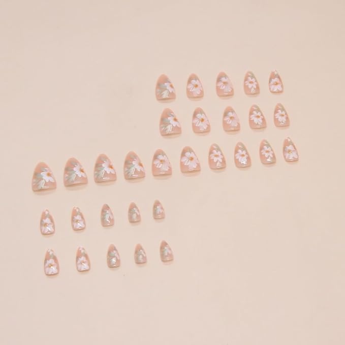 Flowers Press on Nails Short Almond Fake Nails Floral Acrylic Nails Nude Nature False Nails Daisy Flower Glue on Nails Artificial Nails for Women Girls Manicure 24Pcs
