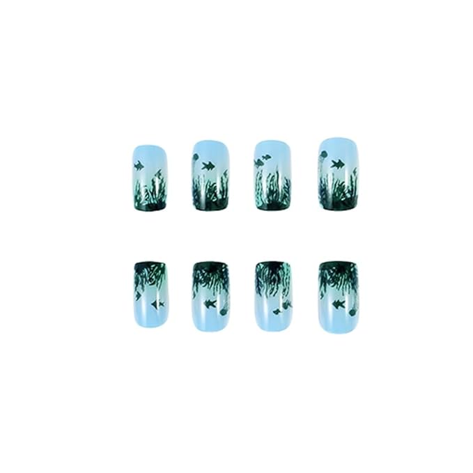 Summer Press On Nails Medium Square Fake Nails Sea Grass With Fish Sea Horse Design Ombre False Nails Acrylic Artificial Nails Blue Glue On Nails Full Cover Stick On Nails For Women Manicure 24pcs
