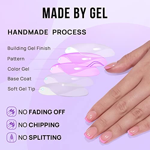 BTArtbox French Tip Press On Nails - Press on Nails Square, Pink Glue On Nails, Fit Perfectly & Natural Reusable Stick On Nails in 15 Sizes, 30 Pcs Soft Gel Kit, Dolce Pink