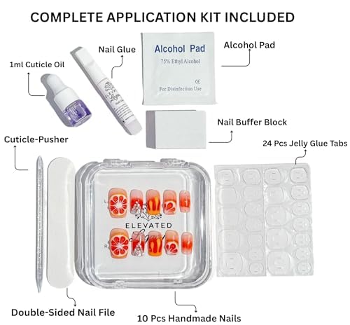 Large-Citrus Splash Fake Nails Press-On Manicure Kit for Women | French Tip 10 Nails | Nail Glue, Dual Nail File, Cuticle Stick, Buffer Block | Measure Before Ordering
