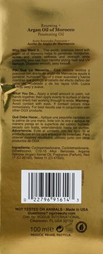 OGX Renewing + Argan Oil of Morocco Penetrating Hair Oil Treatment, Moisturizing & Strengthening Silky Oil for All Hair Types, Paraben-Free, Sulfated-Surfactants Free, 3.3 fl oz (Pack of 2)