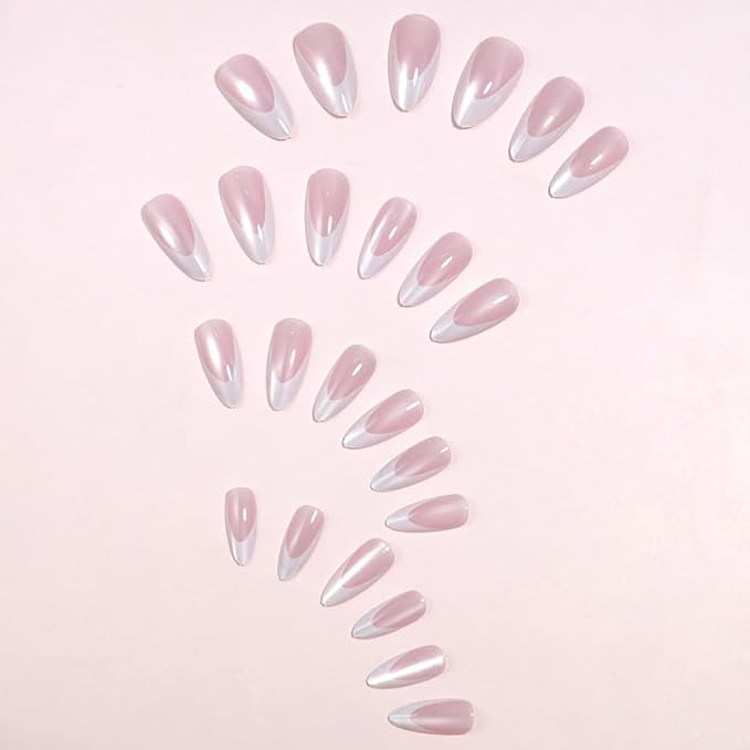 French Tip Press on Nails Medium Almond Fake Nails Cat Eye Chrome False Nails Press ons Glossy Pink Glue on Acrylic Nails for Women Manicure Deco 24Pcs