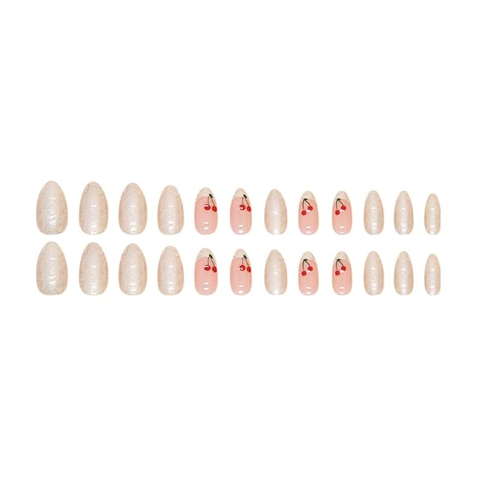 Almond Press-on Nails - Medium French Tips, Pink Glossy Full Cover Nails, 24 PCS/Set (Pink Cherry)