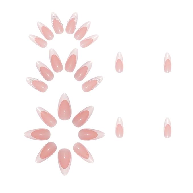 Press on Nails French Medium, Pearl White Fake Nails Almond Acrylic False Nails,Artificial Glue on Nails for Women 24pcs