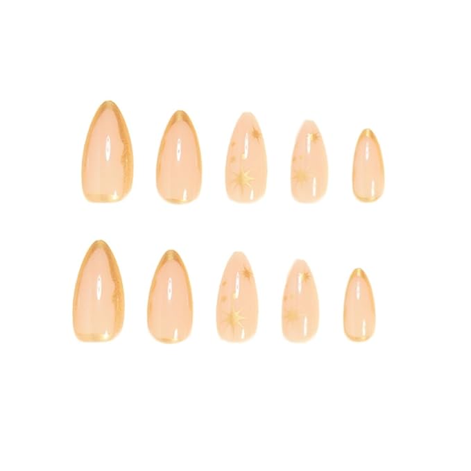 Gold Press on Nails Medium Almond Fake Nails Gold Line Design Stick on Nails French Tip False Nails Handmade Artificial Acrylic Glue On Nail for Women Nail Art Decoration 24Pcs