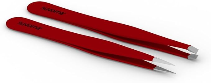 Suvorna Professional Tweezers for women facial hair - Sharp Pointed Tweezer & Slanted Eyebrow Tweezers for Women - Eyebrow Tweezer for Women, Lash tweezers and Splinter removal (4-inch size, Red)