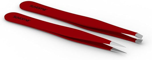 Suvorna Professional Tweezers for women facial hair - Sharp Pointed Tweezer & Slanted Eyebrow Tweezers for Women - Eyebrow Tweezer for Women, Lash tweezers and Splinter removal (4-inch size, Red)