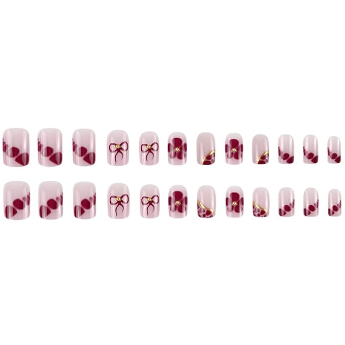 Medium Square Press-On False Nails, 24PCS, Glossy Acrylic, Full Cover, Summer Cute Designs, Reusable with Red Ribbon, Gold Glue, ABS Material, Perfect for Parties, Weddings, Gifts