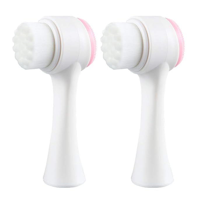 Double Sides Face Brushs, 3D Stand Vertical Silicone Facial Wash Brush, 2 in 1 Facial Cleansing Brush Manual Dual-Action Face Brush for Sensitive, Delicate, Dry Skins (2Pack/Pink)