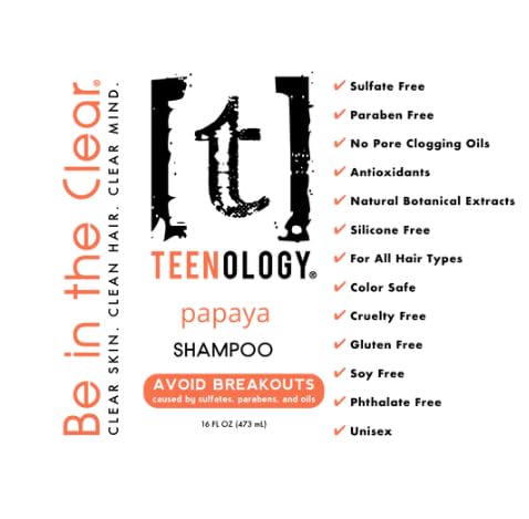 Teenology Shampoo for Teens - Avoid Forehead and Body Acne - No Sulfates or Parabens, Noncomedogenic, Natural Botanical Extracts, 16 oz. (Fresh Papaya)
