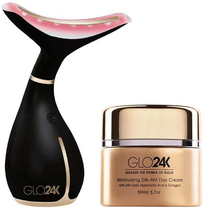 GLO24K Neck and Face LED Beauty Massager plus 24k Moisturizing Day Cream. The Ultimate Duo for Neck Care.