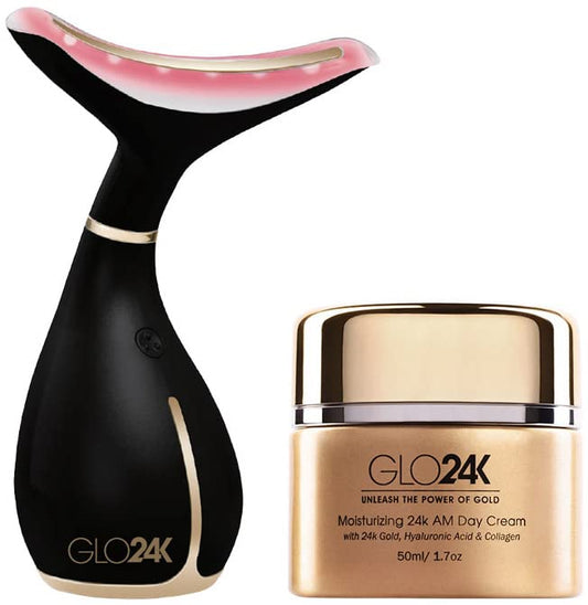 GLO24K Neck and Face LED Beauty Massager plus 24k Moisturizing Day Cream. The Ultimate Duo for Neck Care.