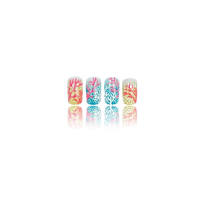 Summer Press on Nails Medium Square Fake Nails Ocean False Nails Pink Coral White Polka Dots Blue Gradient Design Summer Full Cover Reusable Stick on Nail for Women Decoration Nail Art