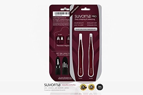 Suvorna Professional Tweezers for women facial hair - Sharp Pointed Tweezer & Slanted Eyebrow Tweezers for Women - Eyebrow Tweezer for Women, Lash tweezers and Splinter removal (4-inch size, Maroon)
