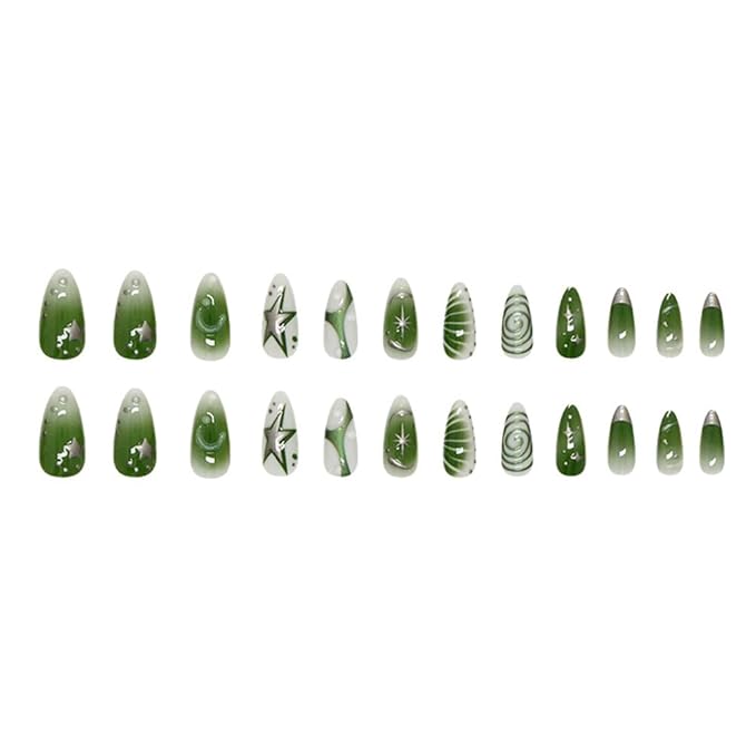 24Pcs Green Press on Nails Medium Almond Fake Nails with Irregular Silver Star Designs Qingti Bubble Reusable Acrylic Nails Full Cover Artificial Glue on Nails for Women Daily Wear Decoration