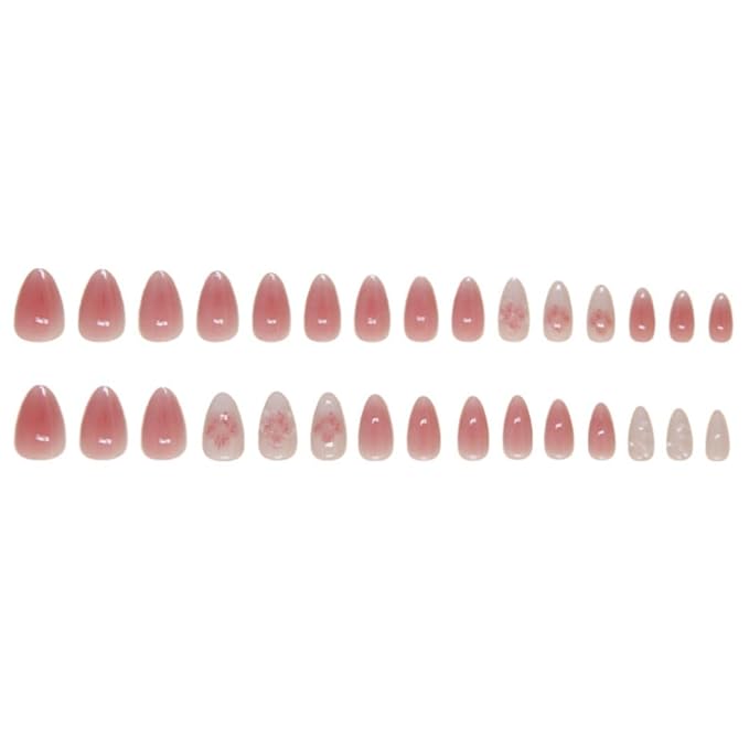 Almond Press-on Nails - Medium French Tips, Pink Glossy Full Cover Set (24 PCS, Includes Pink 3D Nails)