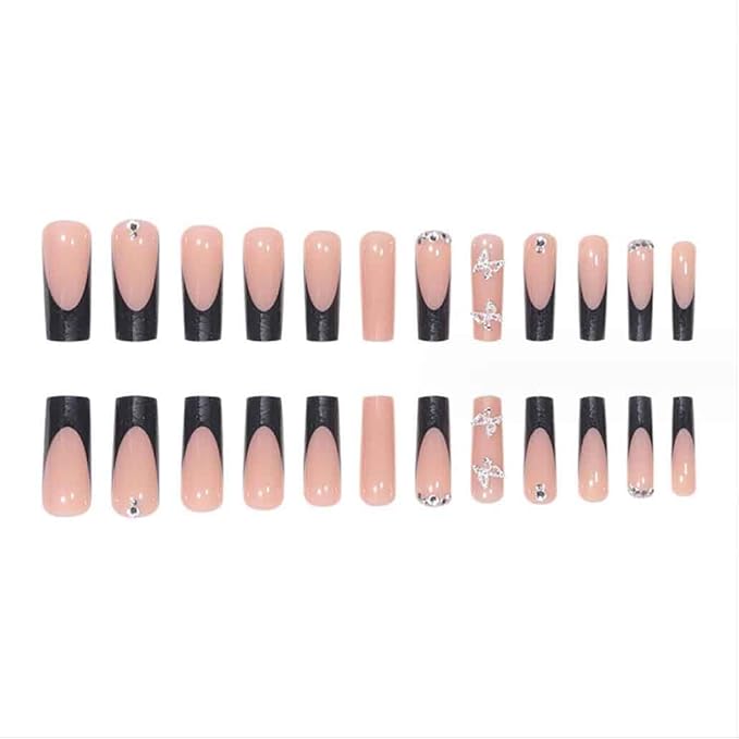 Press on Nails Long Rhinestone Pink Fake Nails Black Square Bling Glossy Artificial Nails Finger Manicure for Women and Girls-24pcs (Long Nails 1)