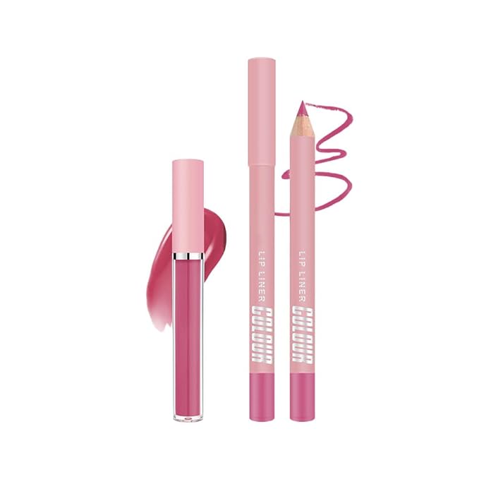 Matte Lip Liner Lip Gloss Set, Long Lasting Waterproof Lip Gloss Set, Long-Lasting And Hydrating Beauty Daily Cosmetics Gift for Girls,High Pigment Not Easy to Lip Stains, Bright Pink