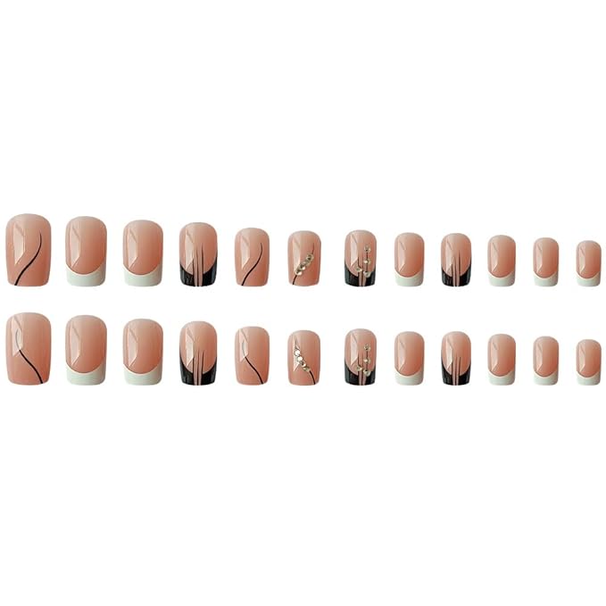 Medium Press on Nails Square Fake Nails Black White French Acrylic Nails Press on Glossy Short Glue on Nails with 3D Rhinestone Designs French Manicure False Nail Tips Artificial Nails for Women Girl