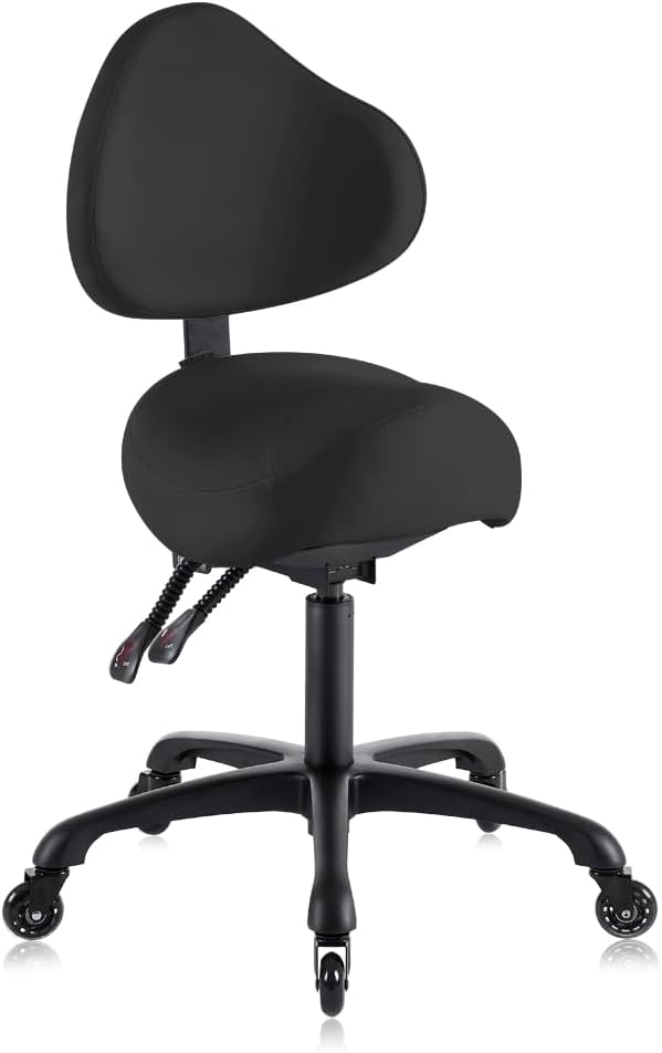 Pneumatic Swivel Rolling Saddle Chair with Wheels and Ergonomic Back Support for Hair Stylist, Dental Hygienist, Hygienic Clinic, Spa, Massage, Home, Office - 510 KOA (Black, Standard)