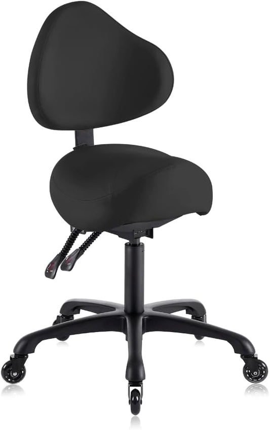 Pneumatic Swivel Rolling Saddle Chair with Wheels and Ergonomic Back Support for Hair Stylist, Dental Hygienist, Hygienic Clinic, Spa, Massage, Home, Office - 510 KOA (Black, Standard)