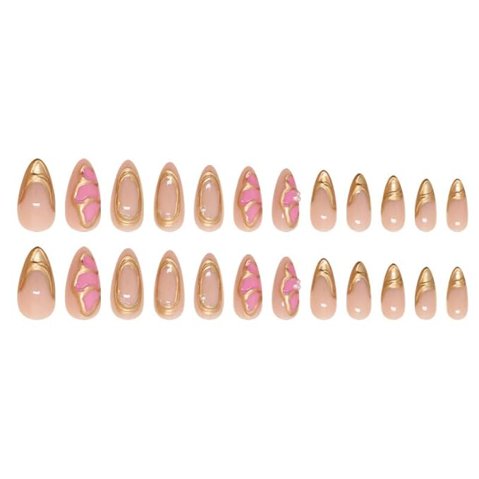 Flower Almond Press on Nails Medium Fake Nails with 3D Gold Line Pink Floral Designs Acrylic Nails Full Cover Stick on Nails Chrome Gold Line French Artificial Nails Glue on Nails for Women 24Pcs