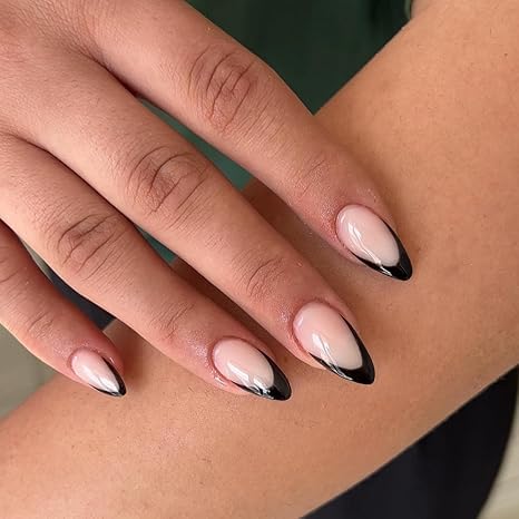 30Pcs Black French Tip Press on Nails Short Almond Nails Press ons, Short Fake Nails Almond Shaped Acrylic French Glue on Nails False Nail for Women, Natural Stiletto Nail 15 Sizes