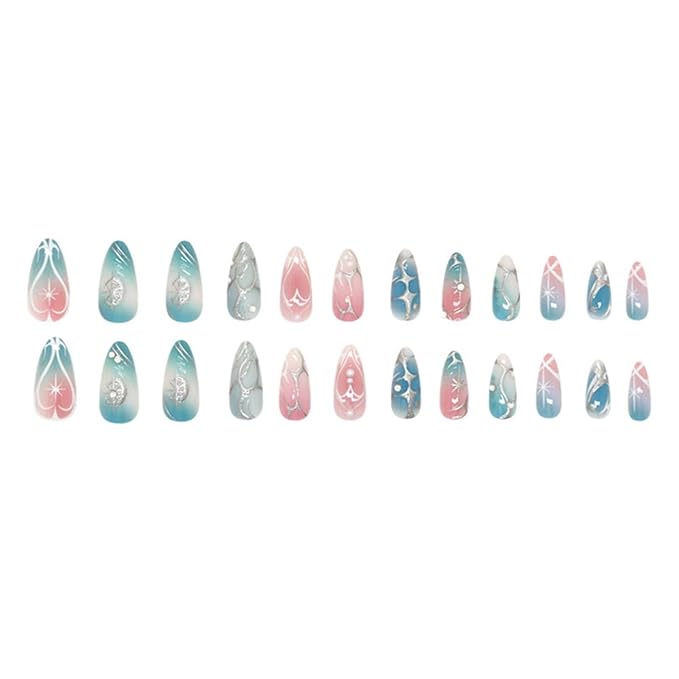 Almond Press on Nails Medium Fake Nails with Star Pearl Designs Sliver Lines Stick on Nails Gradient Rhinestone Acrylic Glossy Artificial Full Cover Glue on Nails for Women 24Pcs