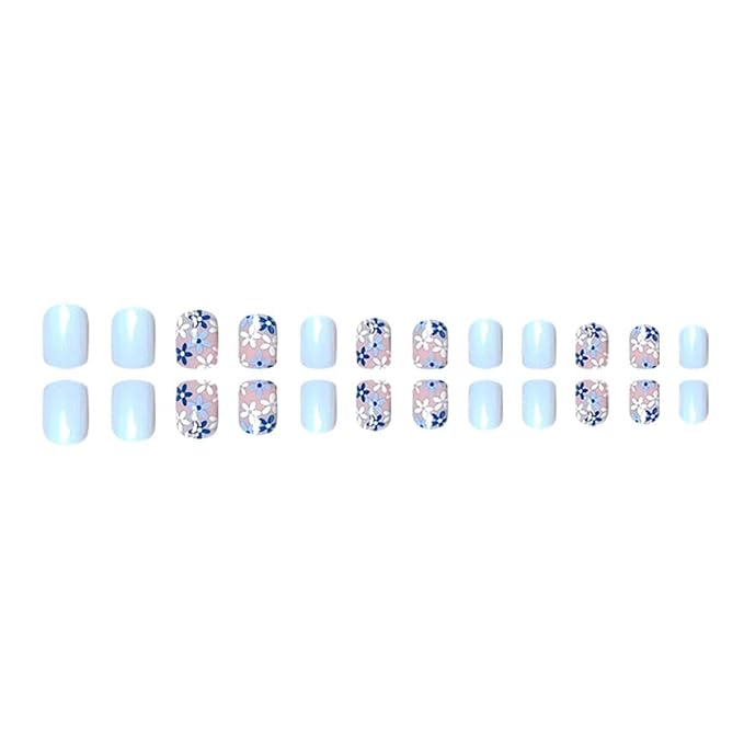 Blue Flowers Press on Nails Square Short Fake Nails Short False Nails Glossy Full Cover Stick on Nails Acrylic Artificial Nails Spring Floral Glue on Nails Artificial Nails for Women 24Pcs