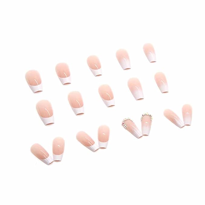 Nude Press on Nails Coffin French Long Fake Nails Acrylic Rhinestone Luxury Design Glossy Artificial Nails Full Cover False Nail Tips-24pcs