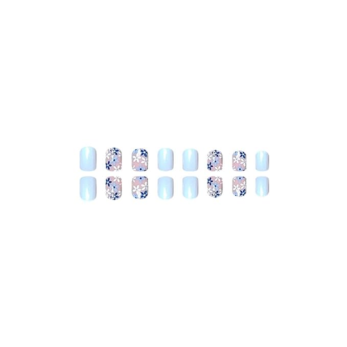 Blue Flowers Press on Nails Square Short Fake Nails Short False Nails Glossy Full Cover Stick on Nails Acrylic Artificial Nails Spring Floral Glue on Nails Artificial Nails for Women 24Pcs