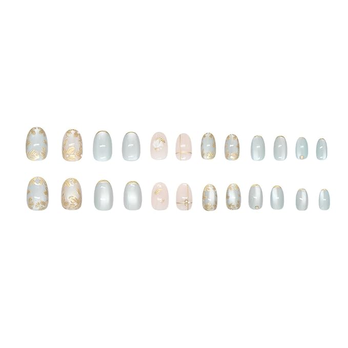 24Pcs Gold Flower Press on Nails Medium Almond Fake Nails 3D Flower with Pearl Full Cover Gold Chrome False Nails Glue on Nails Blue White Stick on Nails for Women Acrylic Manicure Kit Decorations