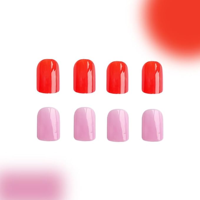 2 Packs 48Pcs Press on Nails Short Square Fake Nails Solid Color Acrylic False Nails Glossy Glue on Nails Kid Pink Red Stick on Nail for Women Girls Nail Art Decoration