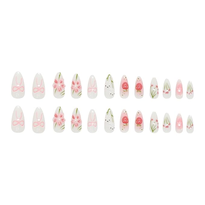 3D Cute Rabbit Press on Nails Medium Almond Fake Nails 3D Pink Flowers False Nails with Pink Gradient Designs Strawberry Bamboo Leaves Acrylic Bow Star Stick on Nails for Women 24Pcs