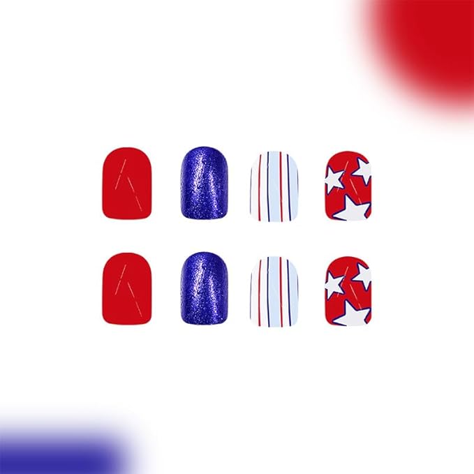 2 Packs 48Pcs Independence Day Press on Nails Short Square Fake Nails Stripe Star False Nails Patriotic Flag Patter Full Cover Acrylic Nails Glue on Nails for Women 4th of July Manicure Decoration