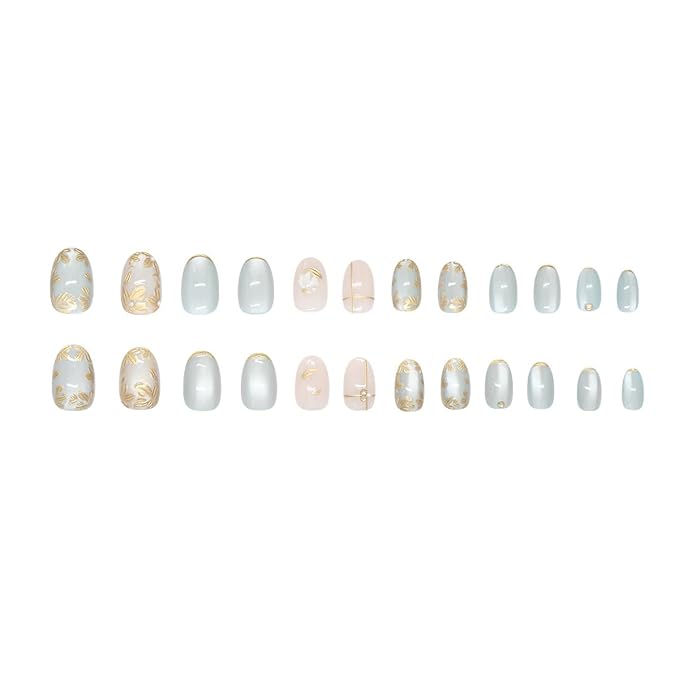24Pcs Short Almond Press on Nails Gold Flower Fake Nails with 3D Pearl Designs Blue Gilding French False Nails Glossy Full Cover Glue on Nails Summer Acrylic Stick on Nails for Women Manicure Kit