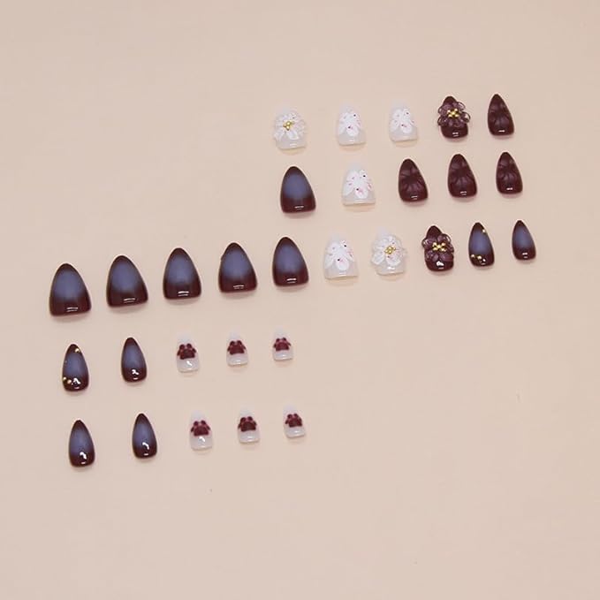 Flowers Press on Nails Short Almond Fake Nails 3D Floral Acrylic Nails Purple Flower False Nails with Soft Gel Artificial Nails Full Cover Glue on Nails for Women Girls Manicure Art Decoration