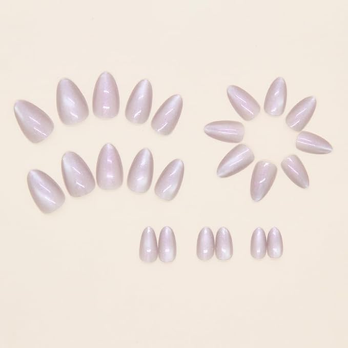 IMRAIN Cat's Eye Press on Nails Medium Almond Fake Nails Purple Glitter Acrylic Nail Supplies Glossy Glue on Nails Full Cover False Nails Chrome Aurora Artificial Stick on Nails for Women Girls 24Pcs