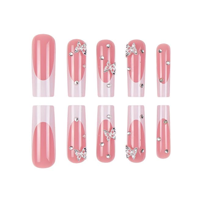 Square Press on Nails French Tip Fake Nails Square False Nails White Artificial Nails with Butterfly Designs Stick on Nails for Women 24pcs
