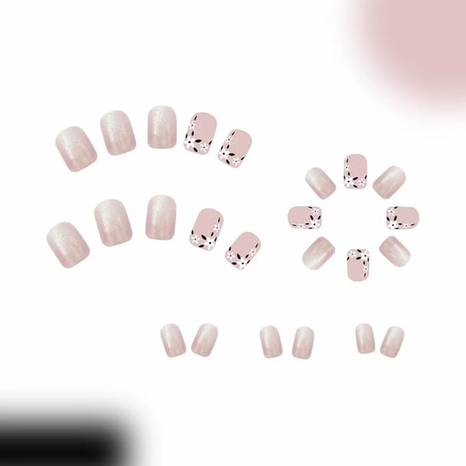Flowers Press on Nails Short Square Fake Nails Chrome Glitter Acrylic Nails French Tip False Nails Press ons Glossy Glue on Nails Cute Artificial Nails for Women Girls Manicure 24Pcs