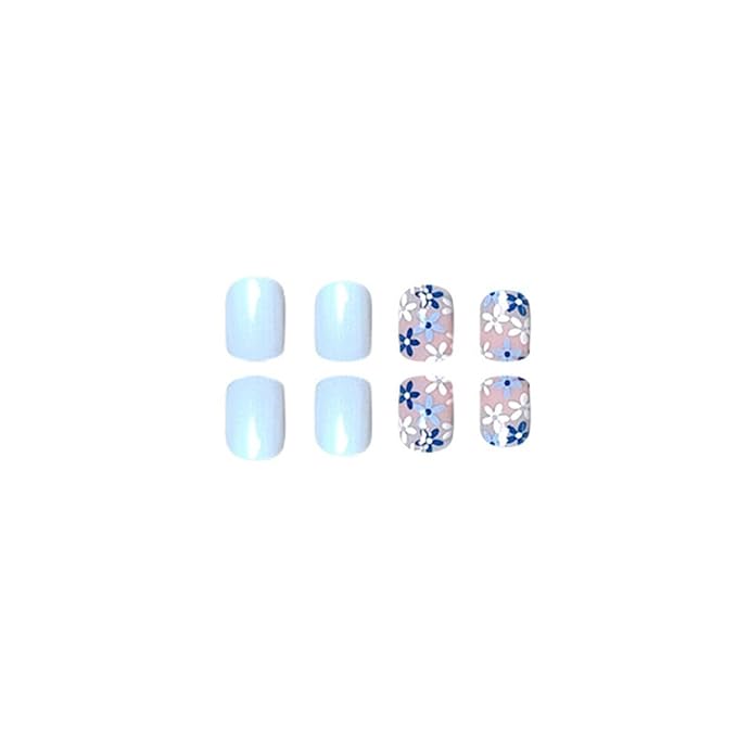 Blue Flowers Press on Nails Square Short Fake Nails Short False Nails Glossy Full Cover Stick on Nails Acrylic Artificial Nails Spring Floral Glue on Nails Artificial Nails for Women 24Pcs