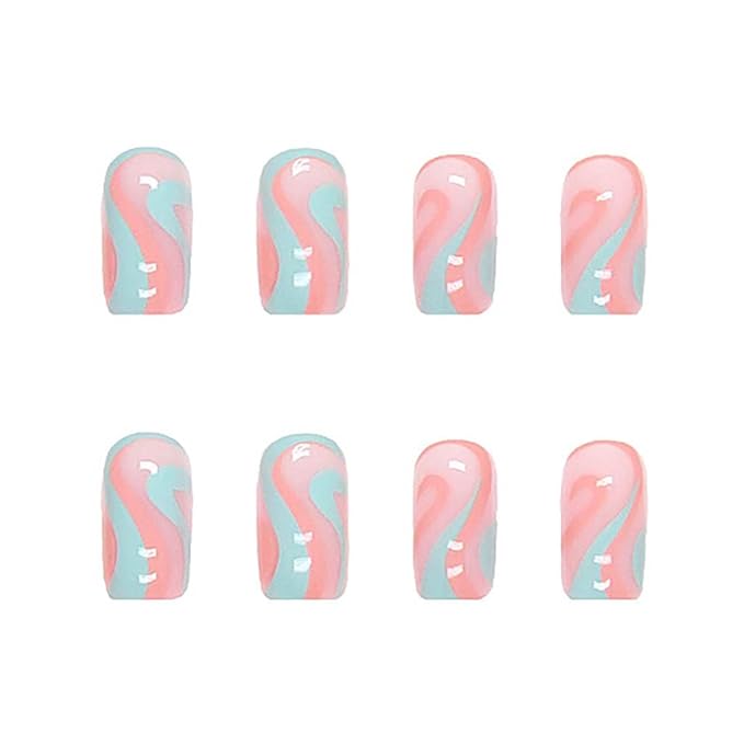 RikView French Tip Press on Nails Medium Fake Nails Blue Nails for Women with Swirls Design Square Acrylic Nails