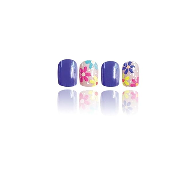 Square Press on Nails Short Fake Nails Purple False Nails with Flower Design Cute Acrylic Nails Full Cover Glue on Nails Artificial Nails Glossy Stick on Nails for Women Manicure 24Pcs