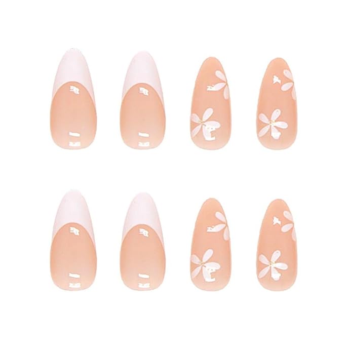 RikView French Tip Press on Nails Medium Fake Nails White Press on Nails with Flowers Design Almond Acrylic Nails