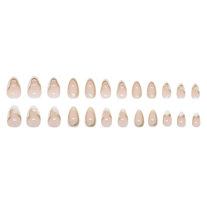 3D Gold Press on Nails Short Almond Fake Nails White French Tip Design Stick on Nails Nude False Nails Glossy Handmade Acrylic Glue On Nail for Women Nail Art Decoration 24Pcs