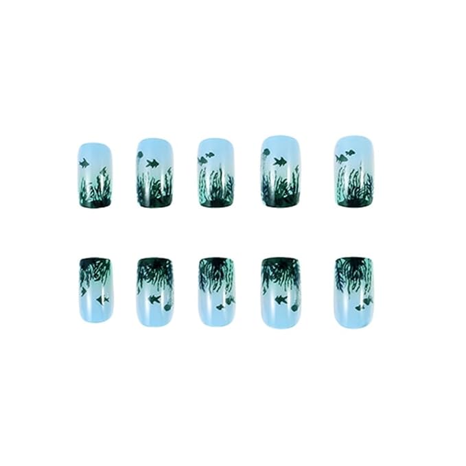 Summer Press On Nails Medium Square Fake Nails Sea Grass With Fish Sea Horse Design Ombre False Nails Acrylic Artificial Nails Blue Glue On Nails Full Cover Stick On Nails For Women Manicure 24pcs